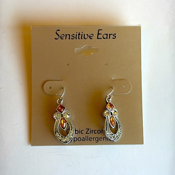 NWT Art Deco Style Silver and Orange drop Cubic Zirconia Hypoallergenic Earrings - Picture 4 of 5
